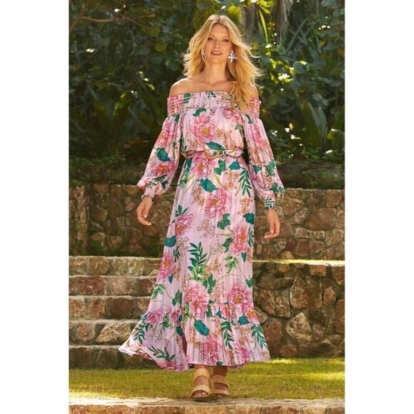 Boston Proper Floral Off Shoulder Belted Maxi Dress Pink Multicolor M - Picture 1 of 9
